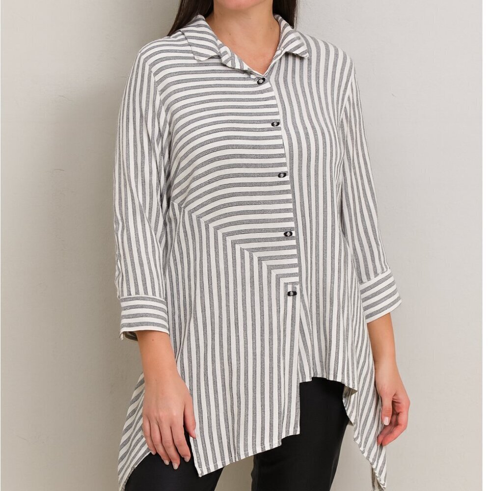 Soft Surroundings Gray White Stripe Button Front Tunic Top Asymmetrical Hem